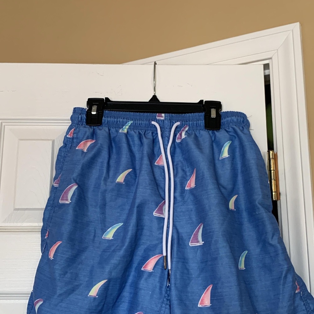 Blue Sailboat Print Swim Trunks